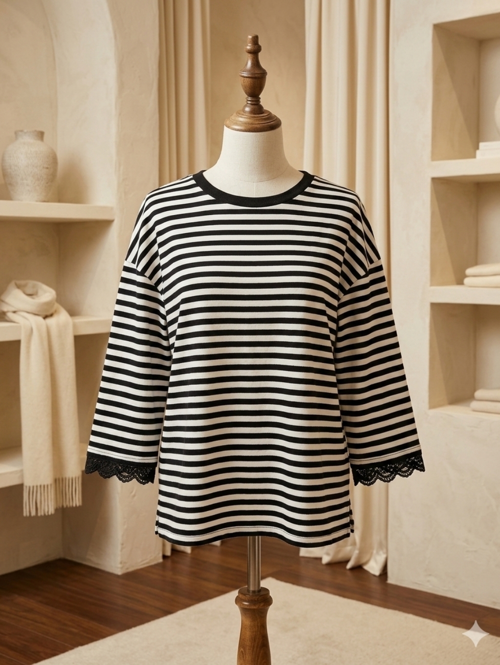 LiveFashionWay Striped Drop Shoulder Lace Trim Bracelet Sleeve Top